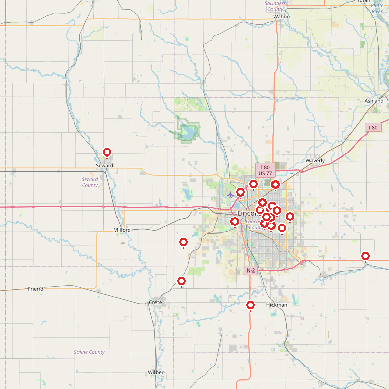 Lincoln garage sale map for Oct 16-18, 2026, showing 26 sale pins without addresses
