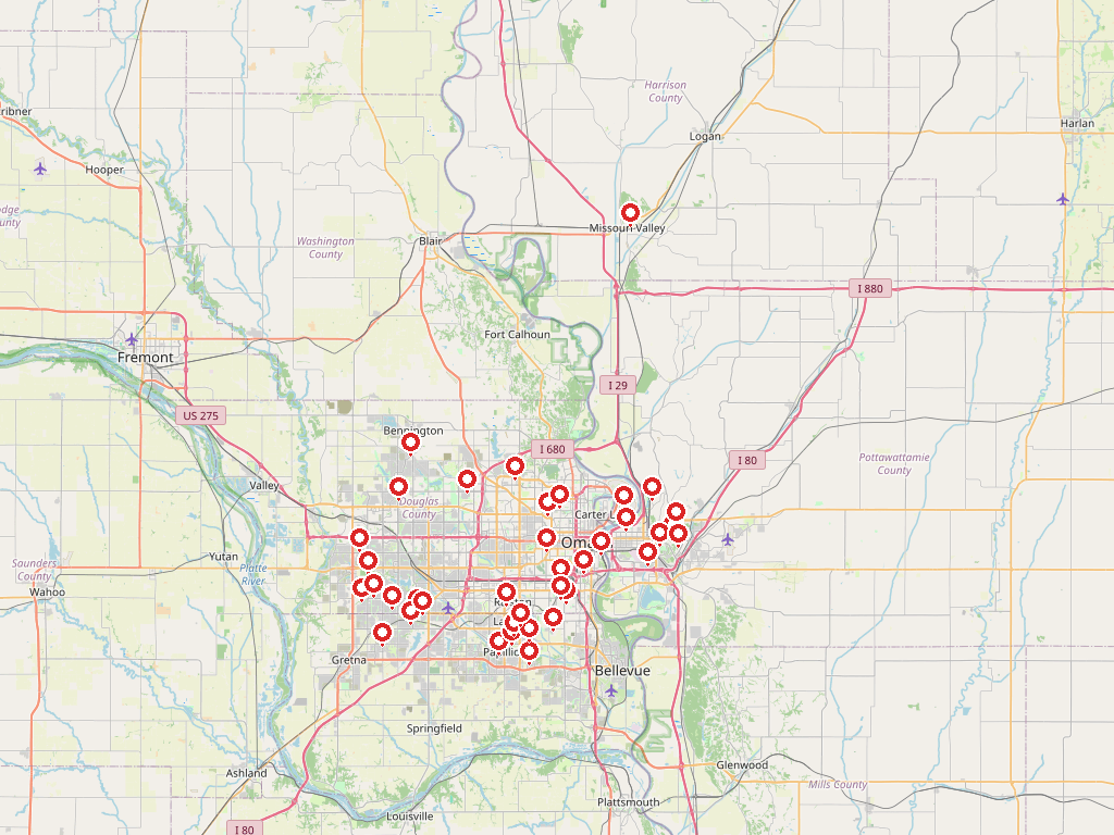 Omaha garage sale map for Oct 16-18, 2026, showing 50 sale pins without addresses